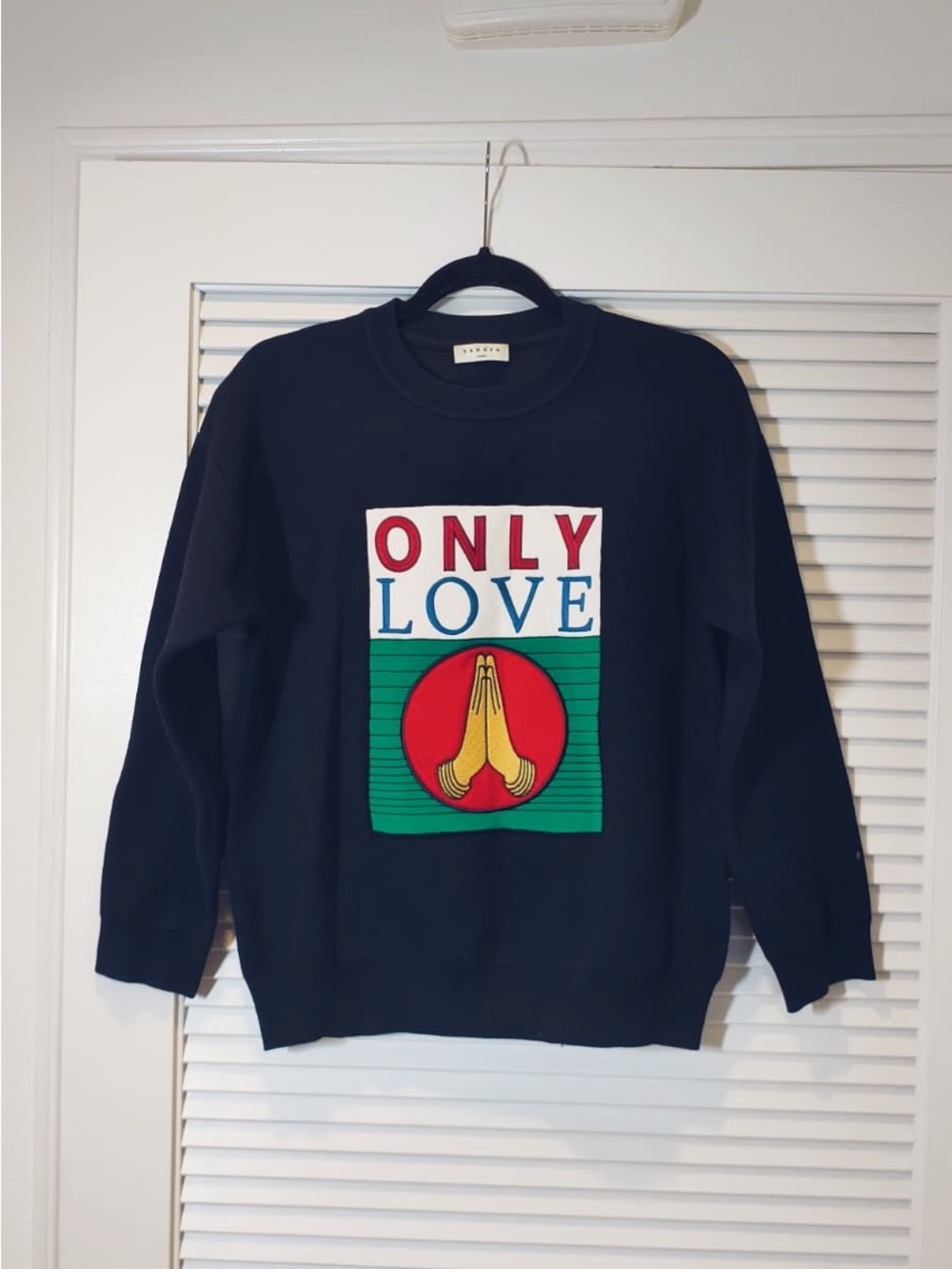 Sandro Navy Crewneck Sweater with Multicolor 'Only Love' Graphic